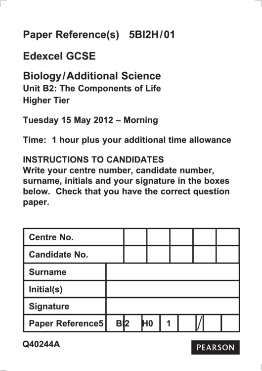 Edexcel Gcse Biology/additional Science - Unit B2: The Components Of Life Printable pdf