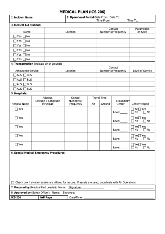 Fillable Form Ics 206 - Medical Plan Printable pdf
