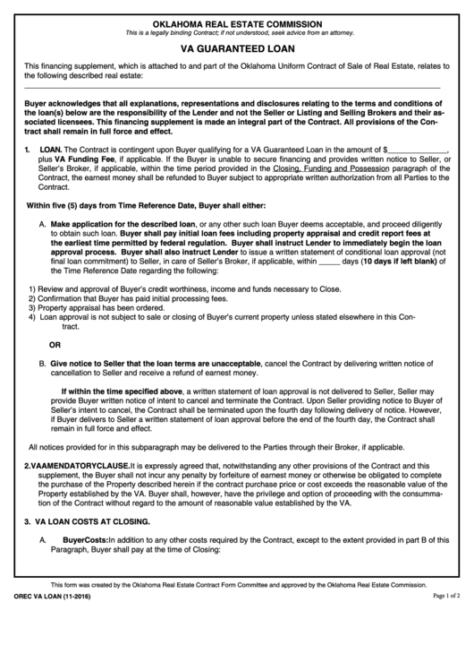 Fillable Va Guaranteed Loan - Oklahoma Real Estate Commission Printable pdf