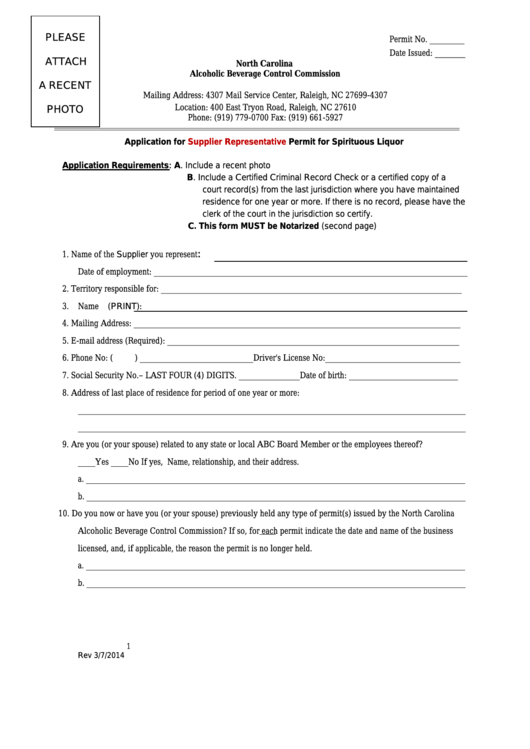 Application For Supplier Representative Permit For Spirituous Liquor Printable pdf