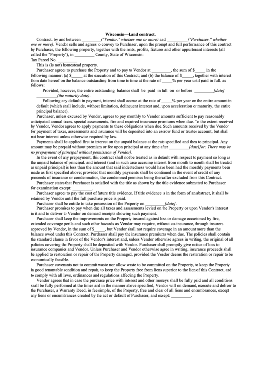 Wisconsin land contract template printable pdf download