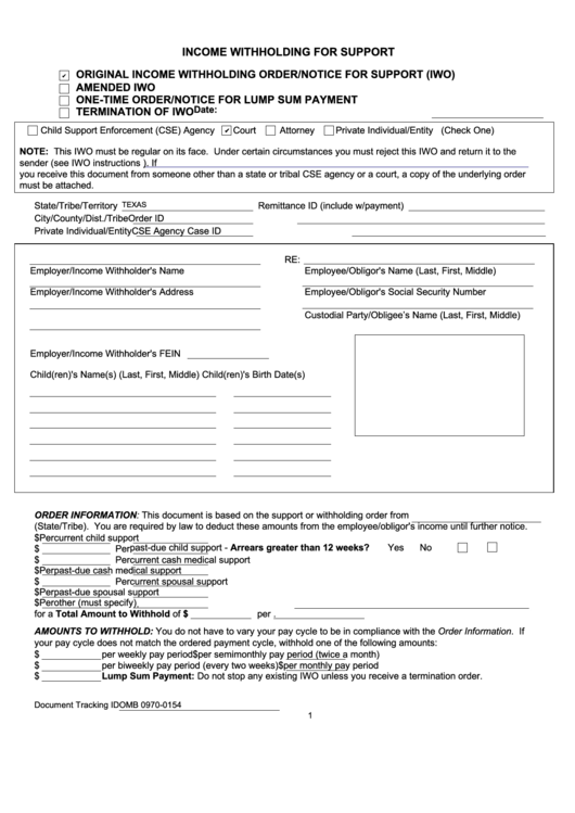 Fillable Form Omb 0970-0154 - Income Withholding Order For Support Printable pdf