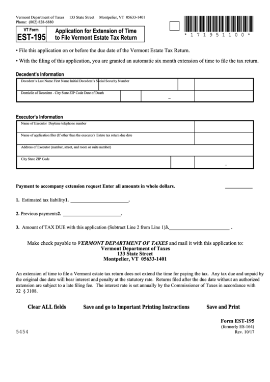 Fillable Vt Form Est-195 - Application For Extension Of Time To File Vermont Estate Tax Return Printable pdf