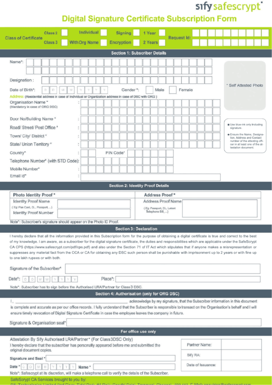 Digital Signature Certificate Subscription Form Printable pdf