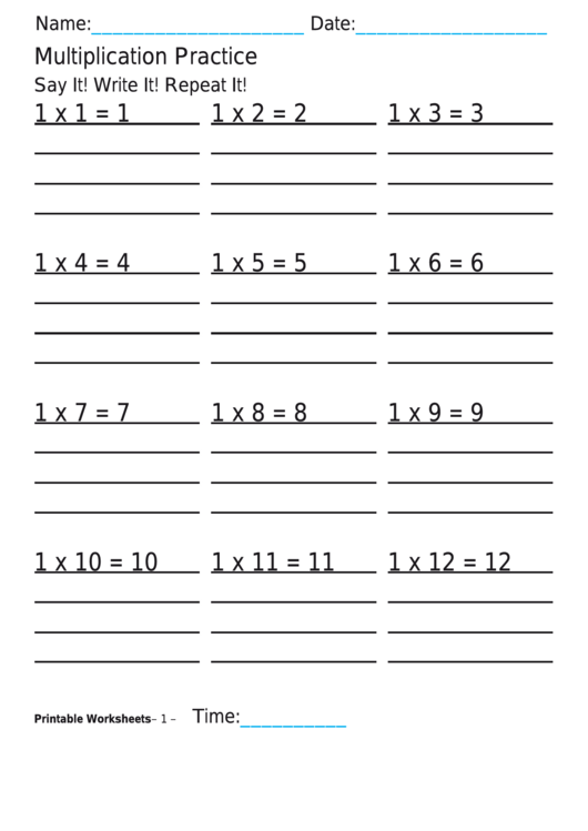 Multiplication 1x Practice Worksheet Printable pdf