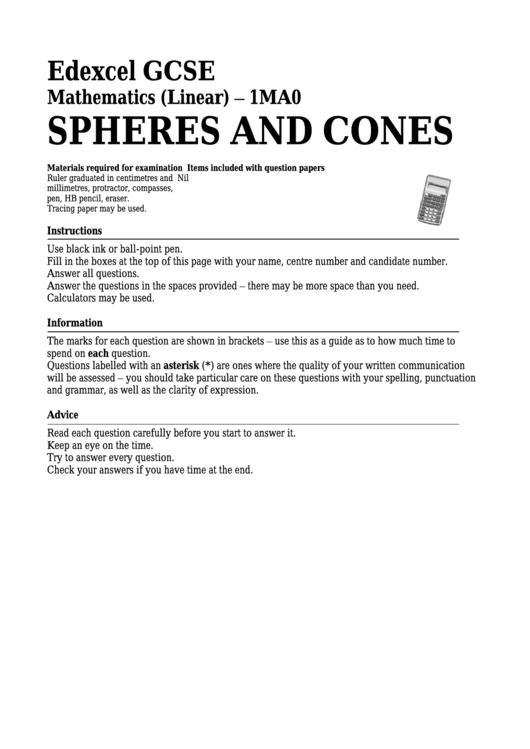 Edexcel Gcse Mathematics (linear) - Spheres And Cones