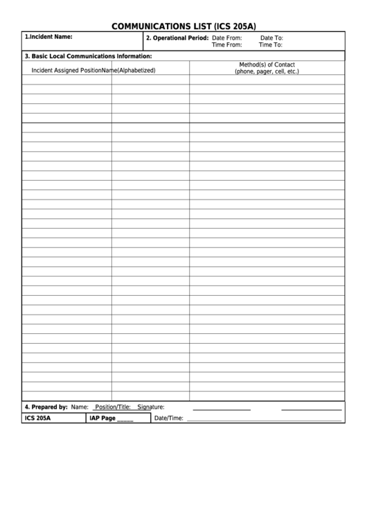 Fillable Form Ics 205a - Communications List Printable pdf