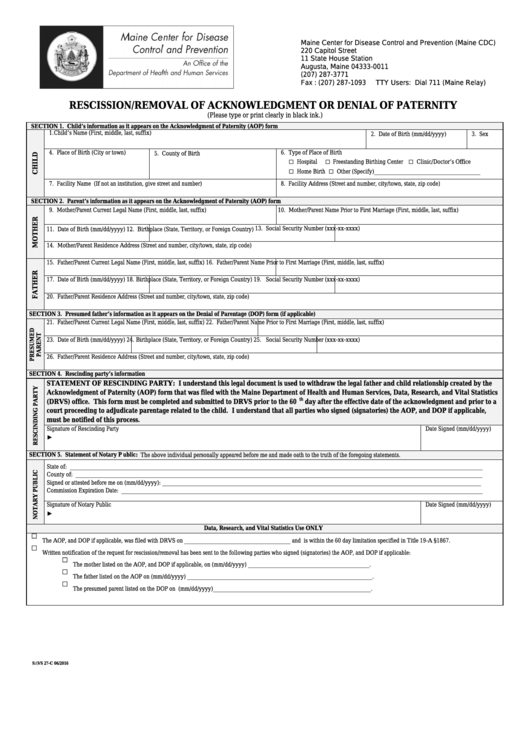 Form Vs 27-C - Rescission/removal Of Acknowledgment Or Denial Of Paternity - Maine Center For Disease Control And Prevention Printable pdf