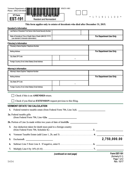 Fillable Vt Form Est-191 - Estate Tax Return - Resident And Nonresident Printable pdf