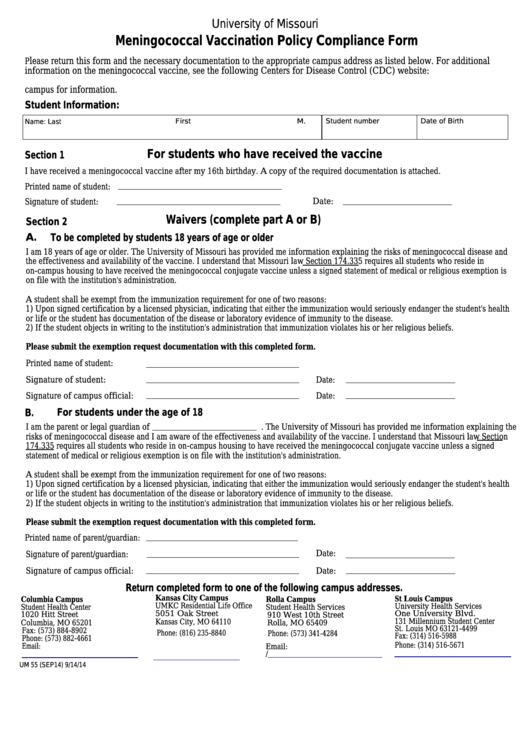 Fillable University Of Missouri - Meningococcal Vaccination Policy Compliance Form Printable pdf