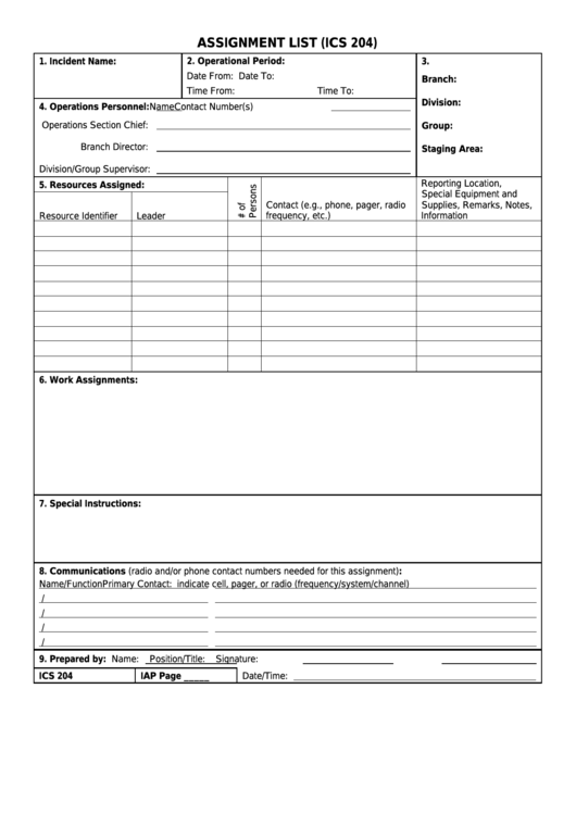 Fillable Form Ics 204 - Assignment List Printable pdf