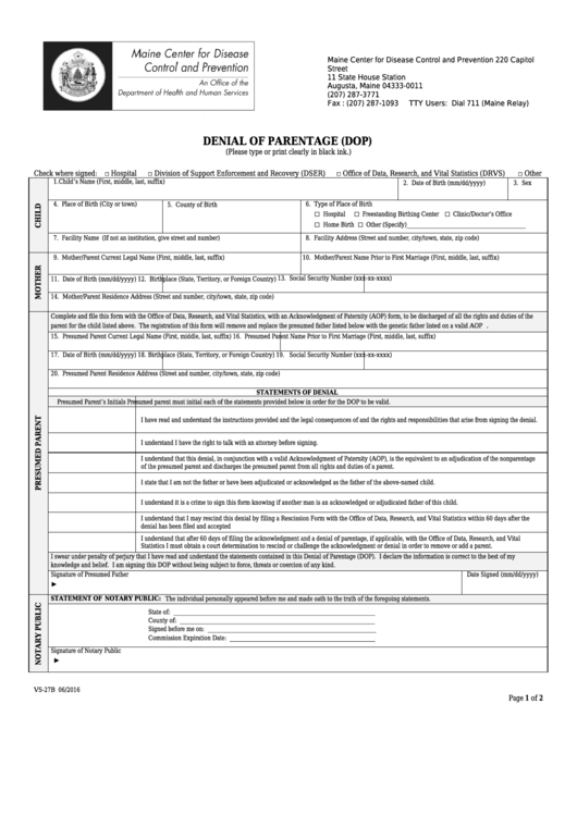 Form Vs-27b - Denial Of Parentage (Dop) Printable pdf