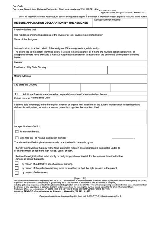 Fillable Form Pto/aia/06 - Reissue Application Declaration By The Assignee Printable pdf