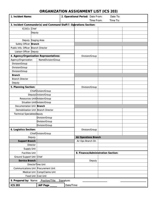 Fillable Form Ics 203 - Organization Assignment List Printable pdf