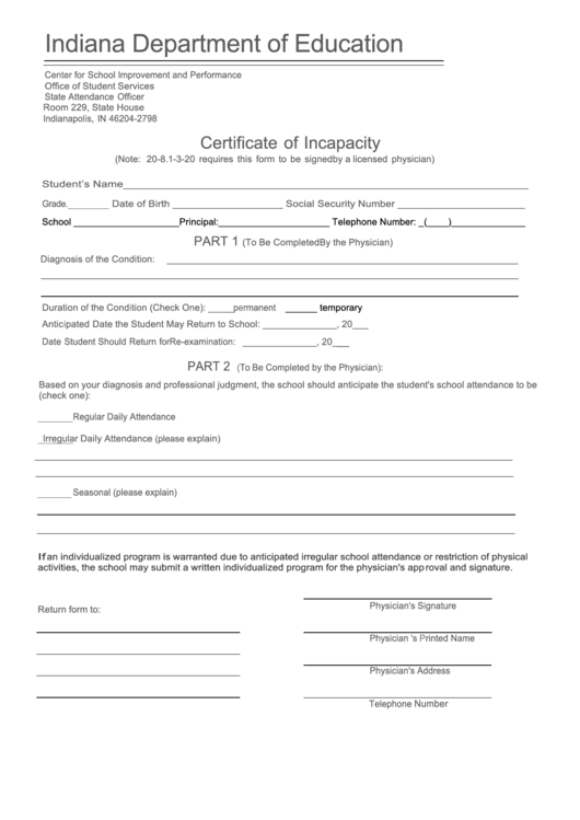 Fillable Certificate Of Incapacity - Indiana Department Of Education Printable pdf