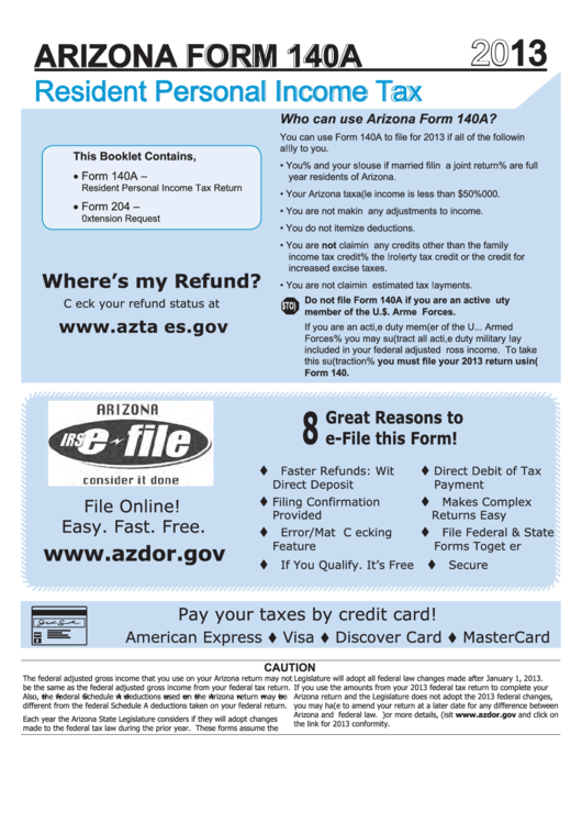 Arizona Form 140a - Resident Personal Income Tax Booklet - 2013 Printable pdf
