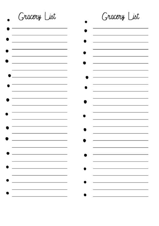 Bullet Grocery List Template Printable pdf