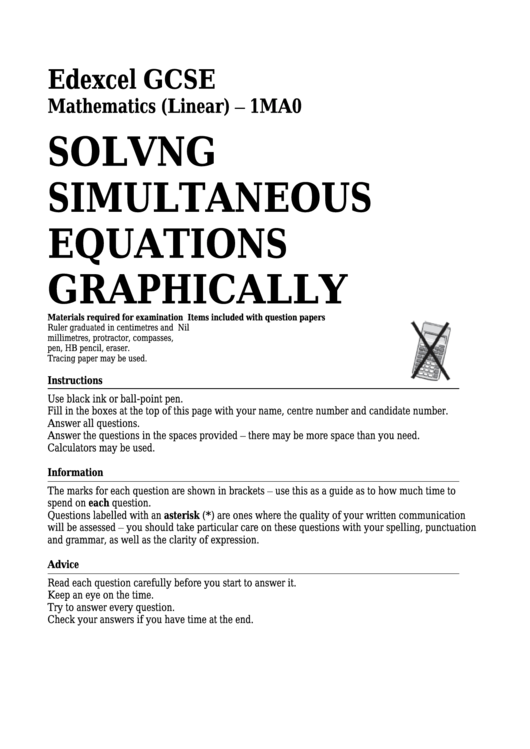 Edexcel Gcse Mathematics (Linear) - Solvng Simultaneous Equations Graphically Printable pdf
