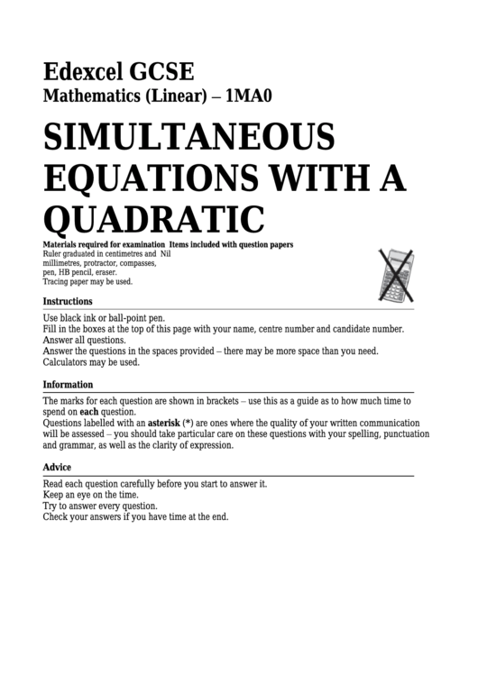 Edexcel Gcse Mathematics (Linear) - Simultaneous Equations With A Quadratic Printable pdf