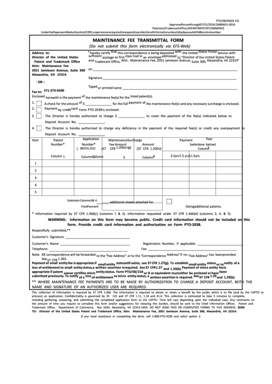 Fillable Form Pto/sb/45 - Maintenance Fee Transmittal Form Printable pdf