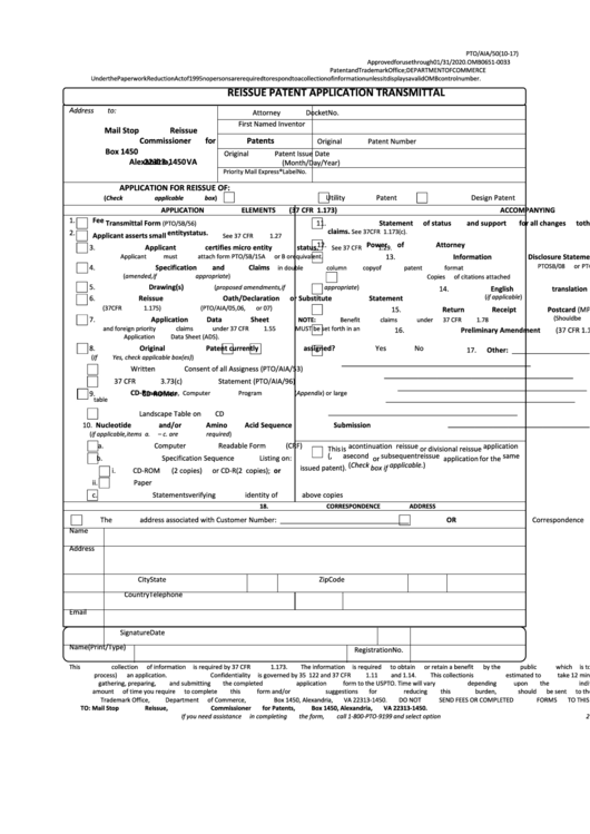 Fillable Form Pto/aia/50 - Reissue Patent Application Transmittal Printable pdf