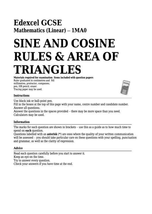Edexcel Gcse Mathematics (Linear) - Sine And Cosine Rules & Area Of Triangles Printable pdf