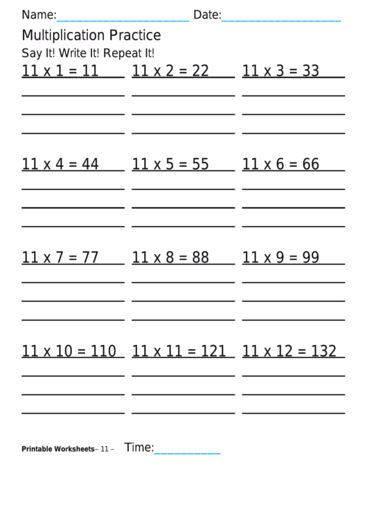 Multiplication Practice 11x Worksheet Printable pdf