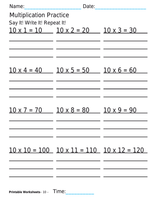 Multiplication Practice 10x Worksheet Printable pdf