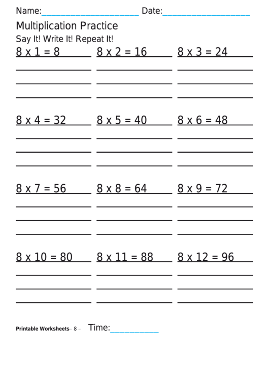 Multiplication Practice 8x Worksheet Printable pdf