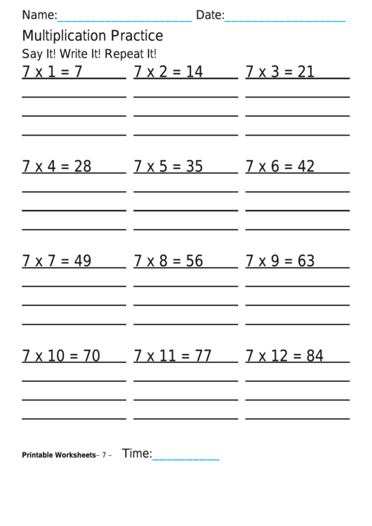 Multiplication Practice 7x Worksheet Printable pdf