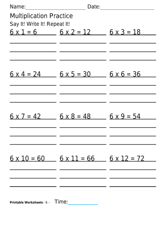 Multiplication Practice 6x Worksheet Printable pdf