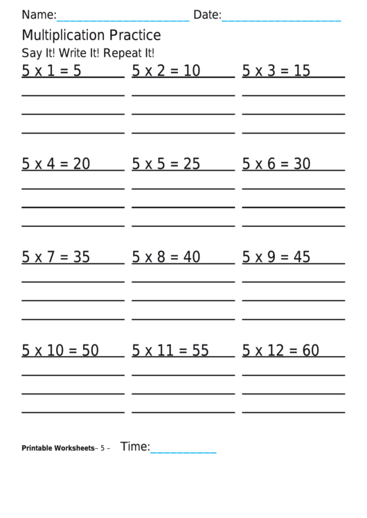 Multiplication Practice 5x Worksheet Printable pdf