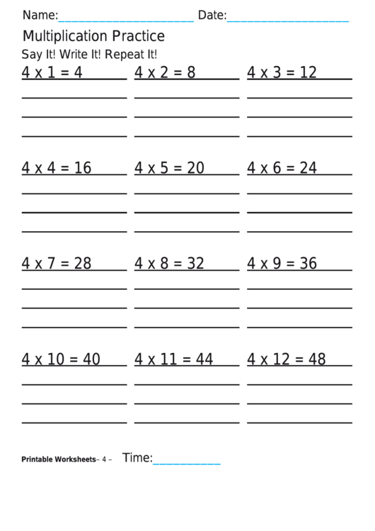 Multiplication Practice 4x Worksheet Printable pdf