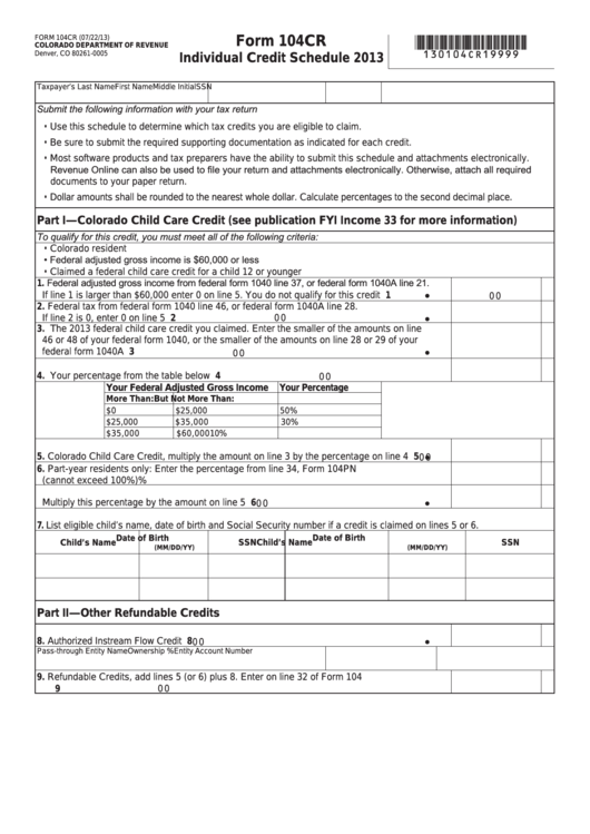 Fillable Form 104cr - Individual Credit Schedule - 2013 Printable pdf
