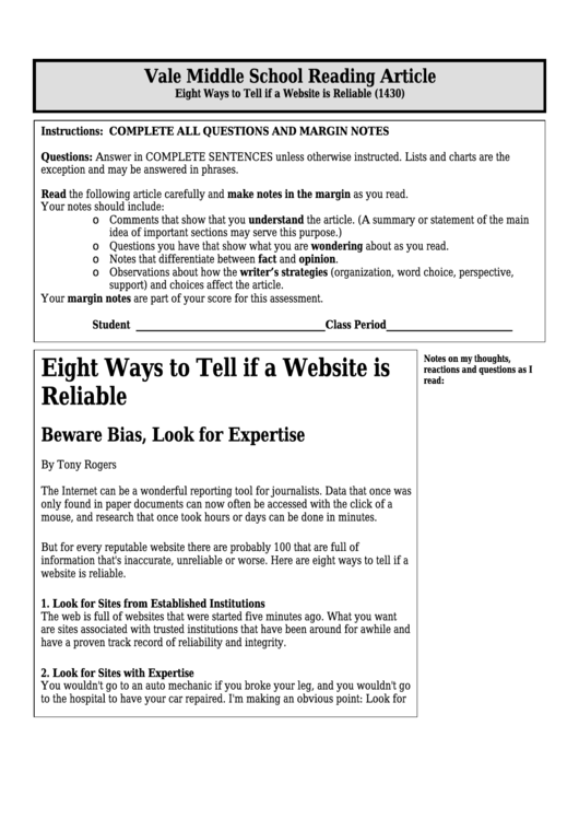 Eight Ways To Tell If A Website Is Reliable (1430) - Middle School Reading Article Worksheet Printable pdf