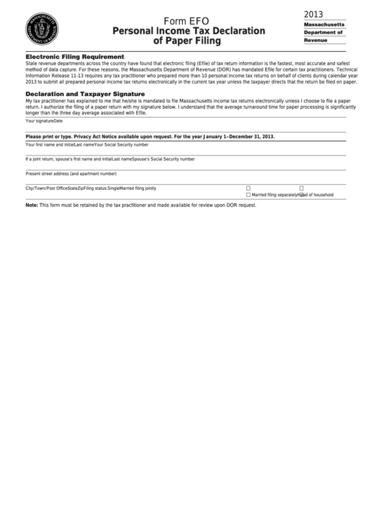 Form Efo - Personal Income Tax Declaration Of Paper Filing - 2013 Printable pdf