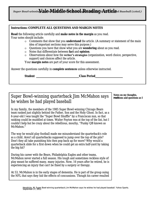 Super Bowl-Winning Quarterback Jim Mcmahon Says He Wishes He Had Played Baseball (1160l) - Middle School Reading Article Worksheet Printable pdf