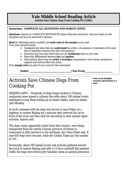Activists Save Chinese Dogs From Cooking Pot (1590l) - Middle School Reading Article Worksheet Printable pdf