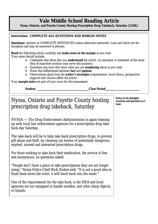 Nyssa, Ontario, And Payette County Hosting Prescription Drug Takeback, Saturday (1230l) - Middle School Reading Article Worksheet Printable pdf