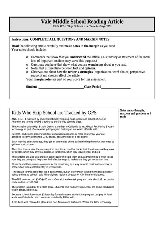 Kids Who Skip School Are Tracked By Gps - Middle School Reading Article Worksheet Printable pdf