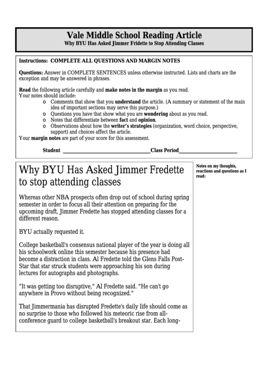 Why Byu Has Asked Jimmer Fridette To Stop Attending Classes - Middle School Reading Article Worksheet Printable pdf