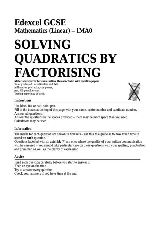 Edexcel Gcse Mathematics (Linear) - Solving Quadratics By Factorising Printable pdf