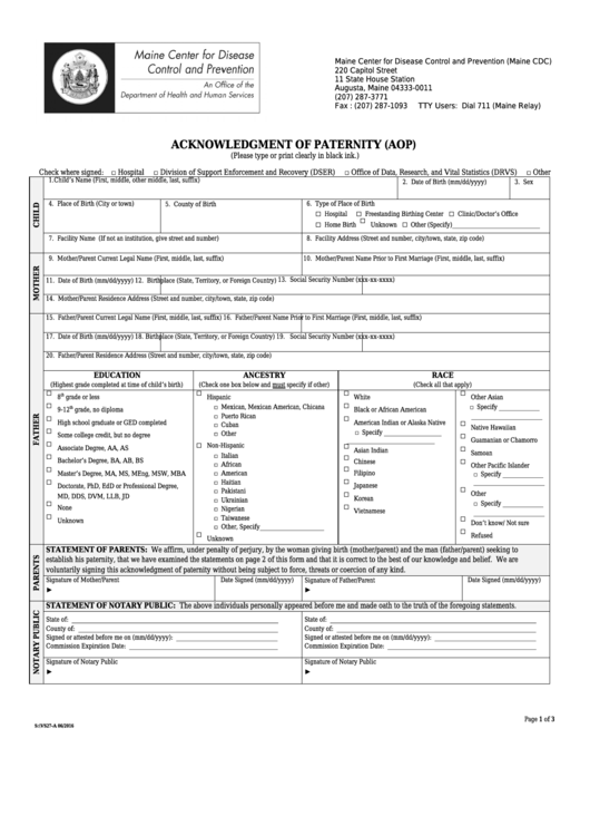Form Vs27-A - Acknowledgment Of Paternity (Aop) - Maine Center For Disease Control And Prevention Printable pdf