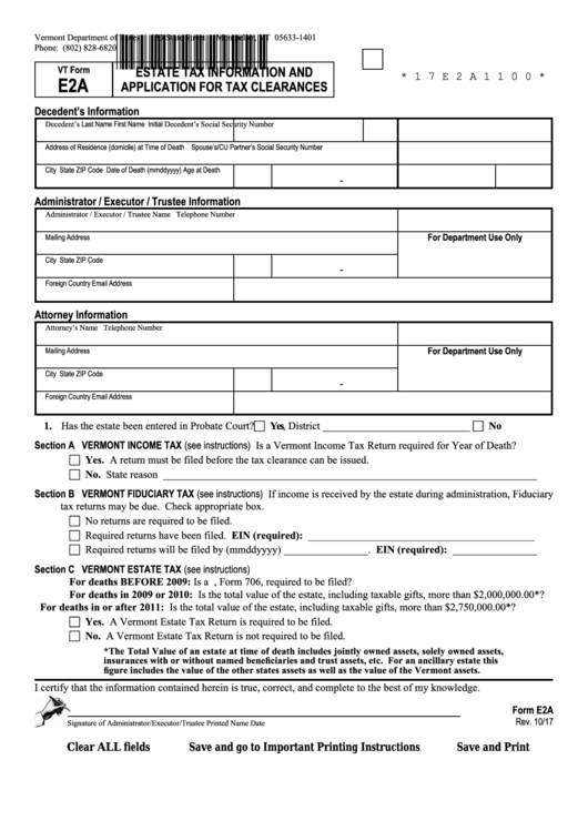 Fillable Vt Form E-2a - Estate Tax Information And Application For Tax Clearances Printable pdf