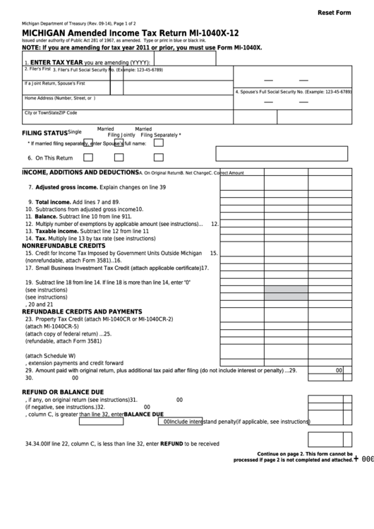 Fillable Form Mi-1040x-12 - Michigan Amended Income Tax Return Printable pdf