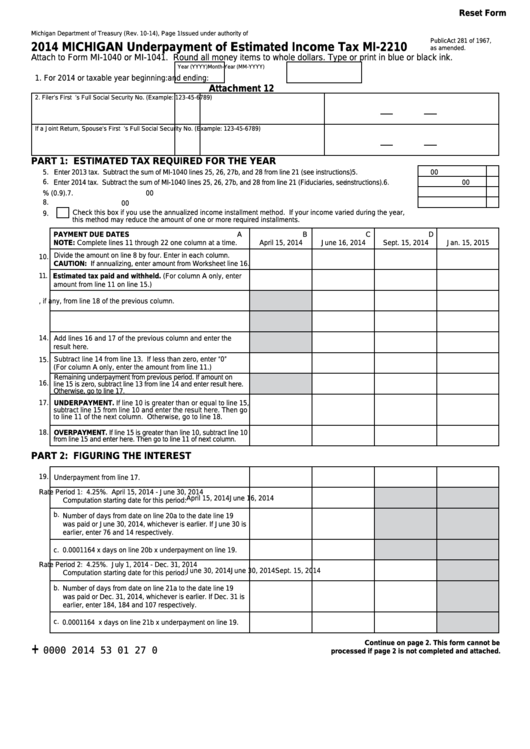 Fillable Form Mi-2210 - Michigan Underpayment Of Estimated Income Tax - 2014 Printable pdf