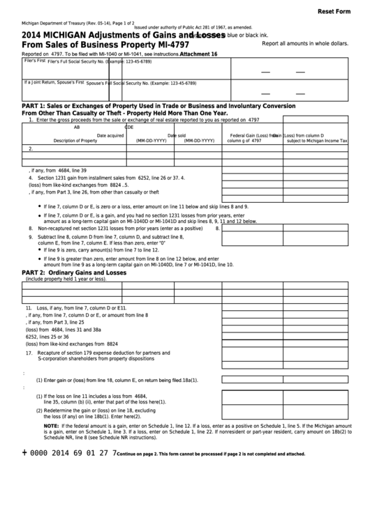 Fillable Form Mi-4797 - Michigan Adjustments Of Gains And Losses From Sales Of Business Property - 2014 Printable pdf