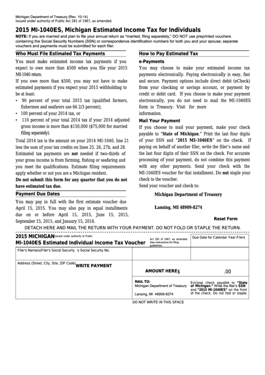 Fillable Form Mi-1040es - Estimated Individual Income Tax Voucher - 2015 Printable pdf