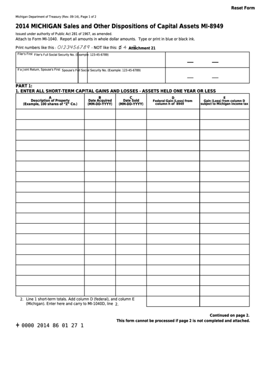 Fillable Form Mi-8949 - Michigan Sales And Other Dispositions Of Capital Assets - 2014 Printable pdf