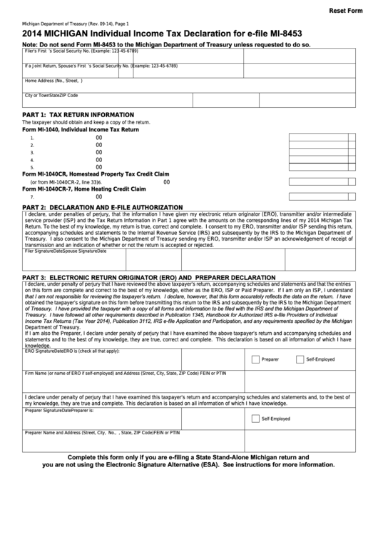 Fillable Form Mi-8453 - Michigan Individual Income Tax Declaration For E-File - 2014 Printable pdf